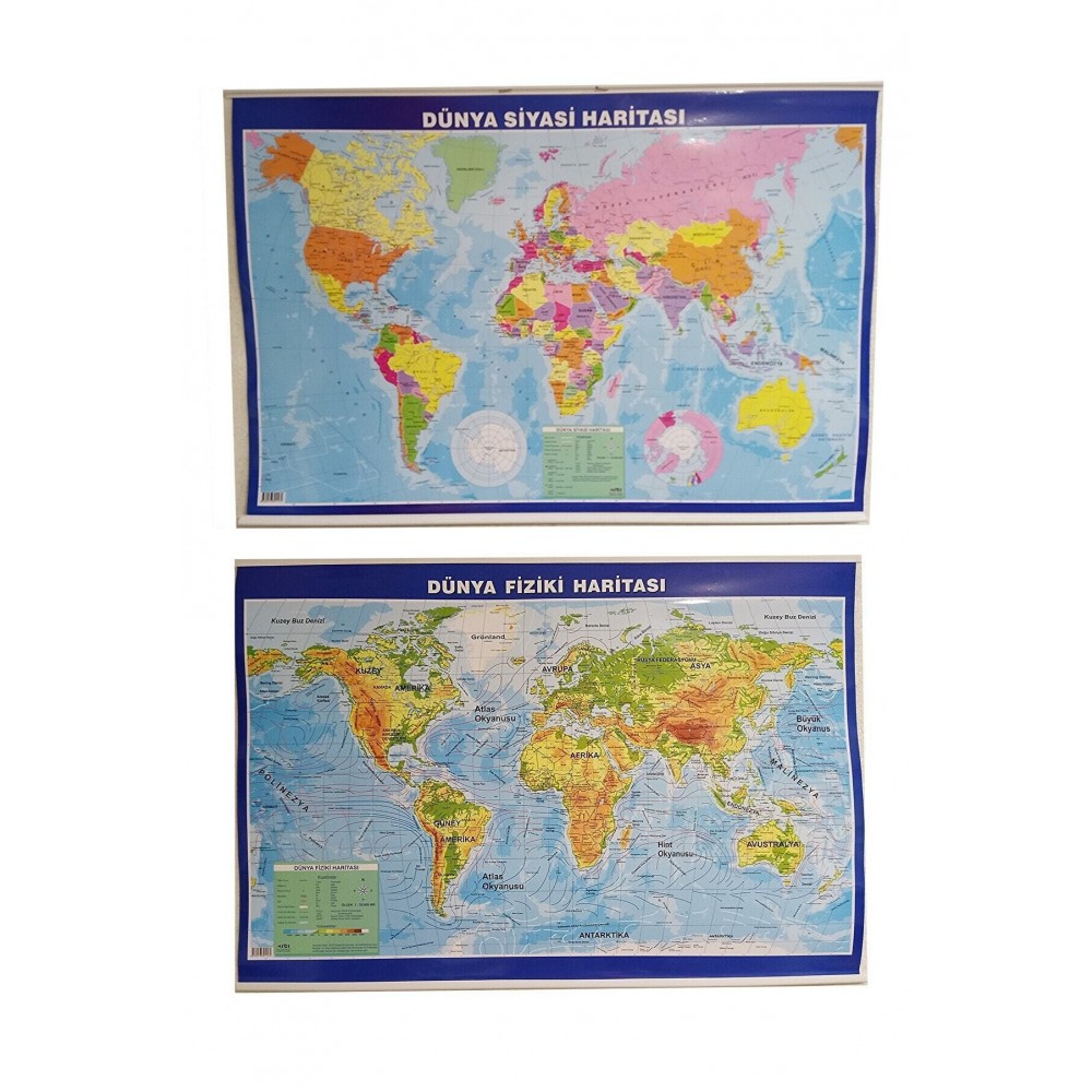 dünya siyasi fiziki haritası Çift taraflı 70x100 cm okul harita ve
